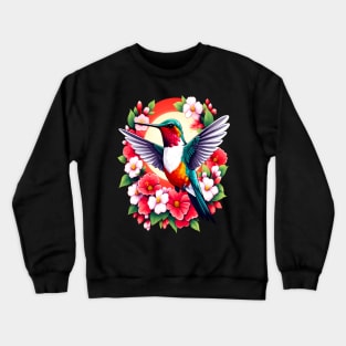 Cute Ruby Throated Hummingbird Surrounded by Spring Flowers Crewneck Sweatshirt